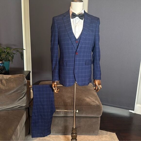 Men’s Blue Plaid 3 Piece Slim Fit Formal Business Suit Jacket 38 Pants 34 NWT - Picture 1 of 15